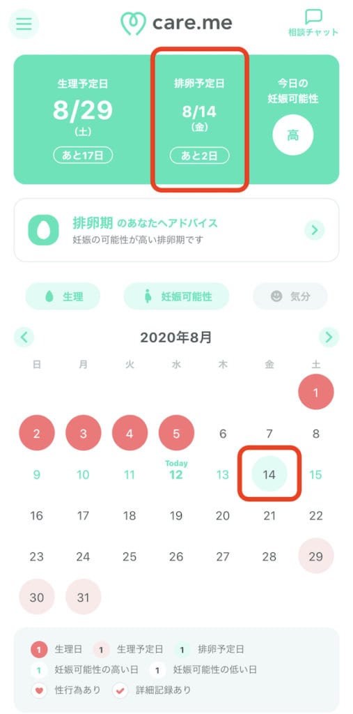 アプリを開けばすぐにカレンダーが表示され、「排卵予定日」を簡単にチェックできます。